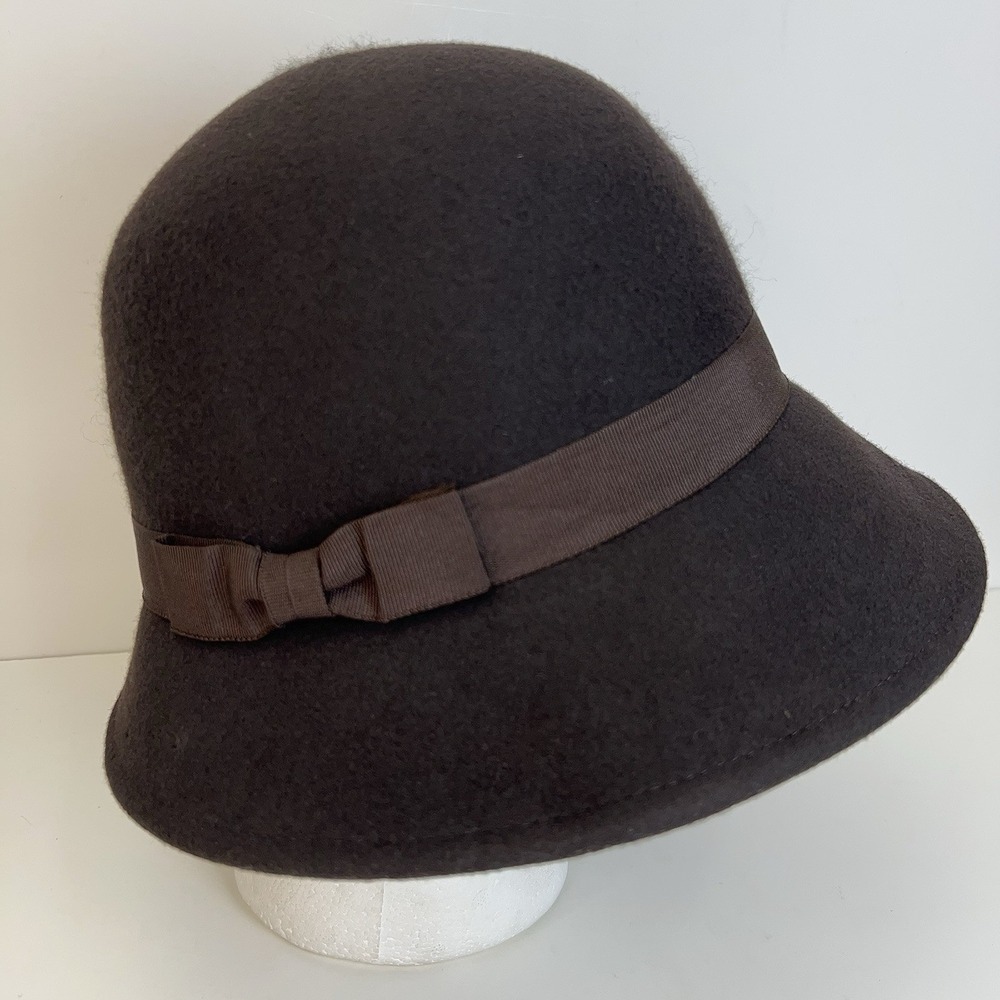 CROFT & BARROW 100% Wool Cloche Hat Bucket Bow Band Bowler Cap 20s Chic Brown
